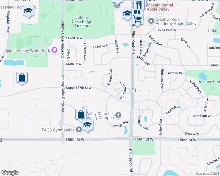 map of restaurants, bars, coffee shops, grocery stores, and more near 14658 Evergreen Trail in Apple Valley