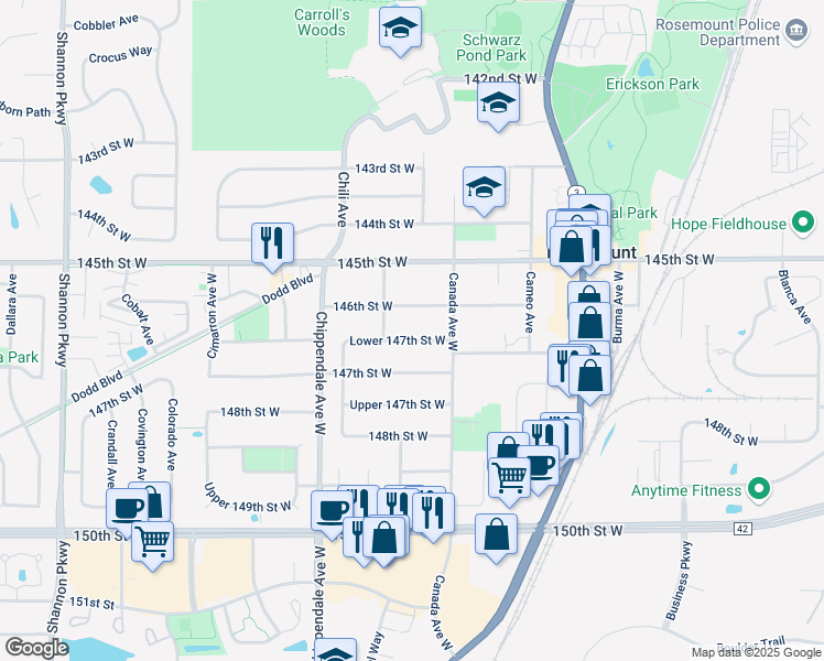 map of restaurants, bars, coffee shops, grocery stores, and more near 3340 146th Street West in Rosemount