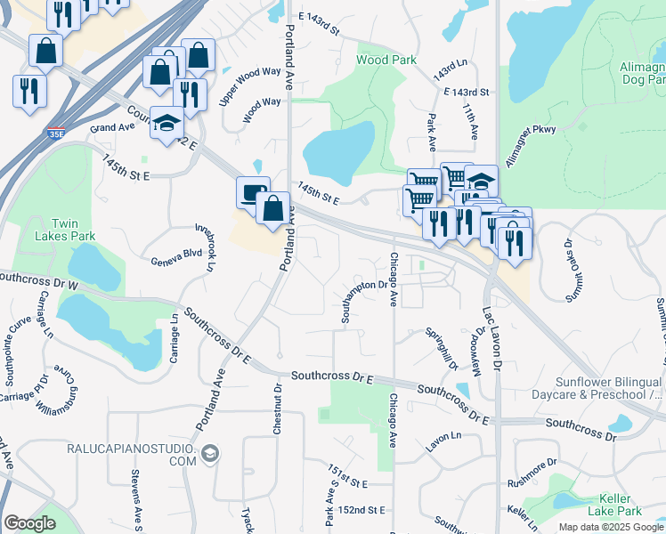 map of restaurants, bars, coffee shops, grocery stores, and more near 14608 Hampshire Place in Burnsville