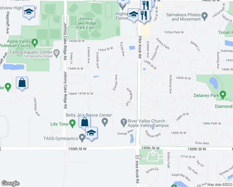 map of restaurants, bars, coffee shops, grocery stores, and more near 14654 Evergreen Trail in Apple Valley