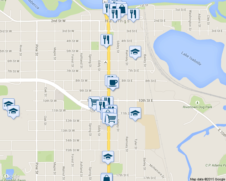 map of restaurants, bars, coffee shops, grocery stores, and more near 909 Vermillion Street in Hastings