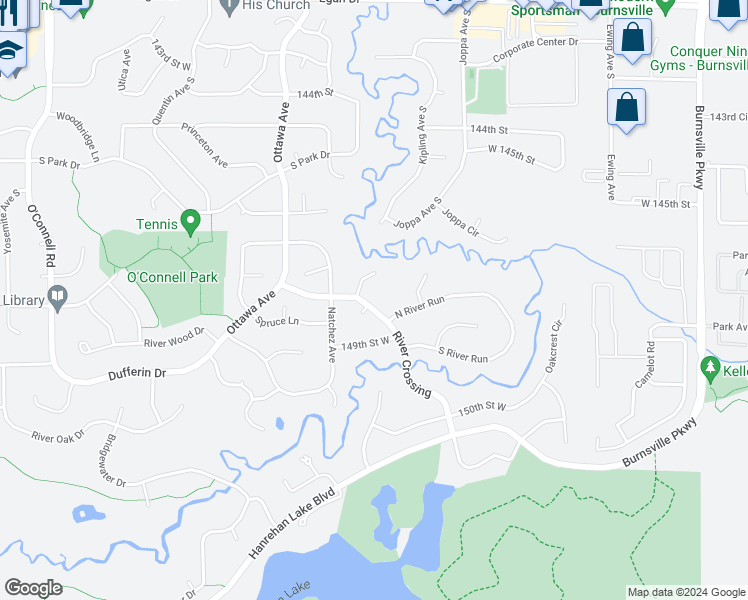 map of restaurants, bars, coffee shops, grocery stores, and more near 14849 River Crossing in Savage