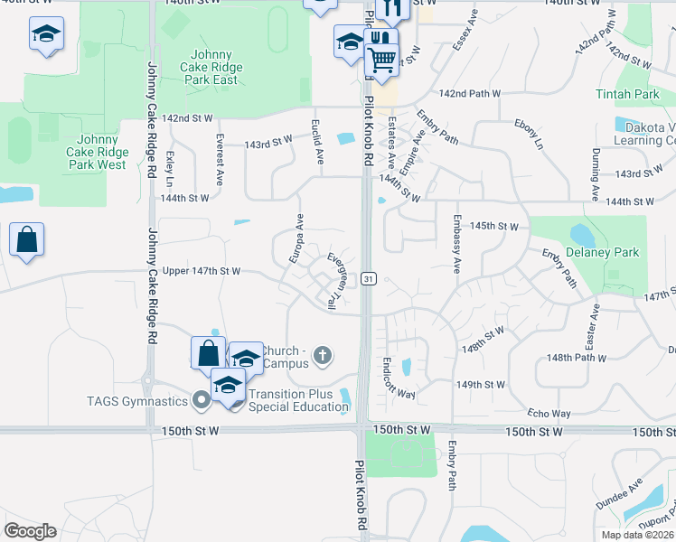 map of restaurants, bars, coffee shops, grocery stores, and more near 14590 Evergreen Trail in Apple Valley
