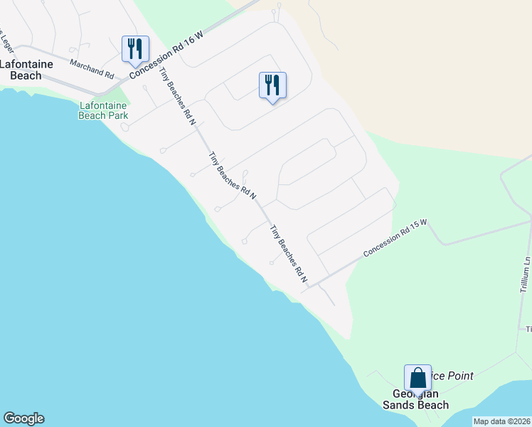 map of restaurants, bars, coffee shops, grocery stores, and more near 1209 Tiny Beaches Road North in Simcoe County