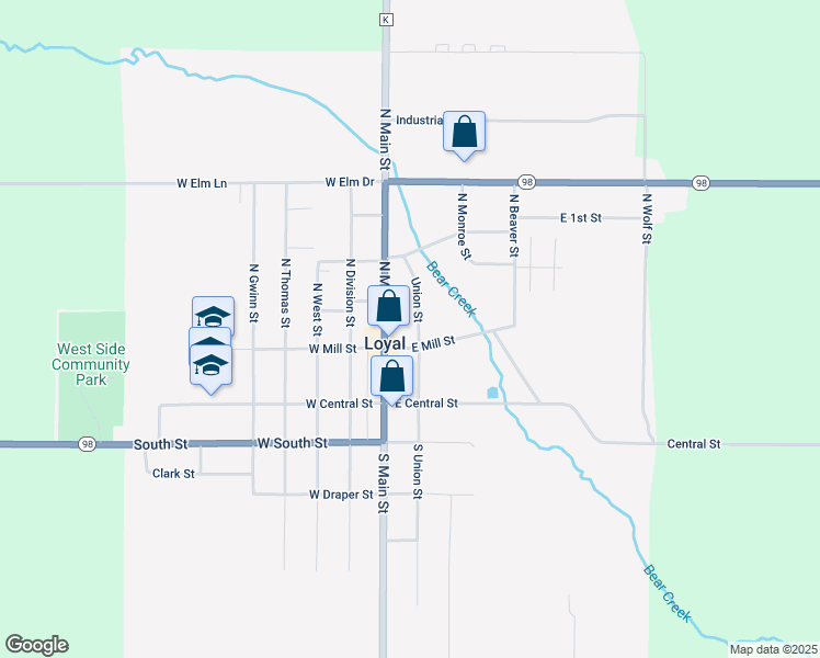 map of restaurants, bars, coffee shops, grocery stores, and more near 222 North Main Street in Loyal