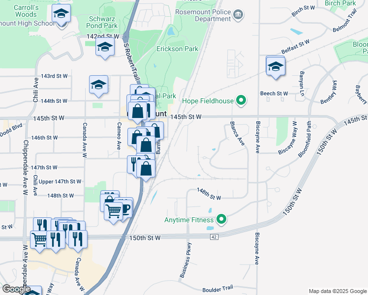 map of restaurants, bars, coffee shops, grocery stores, and more near 2820 145th Street West in Rosemount