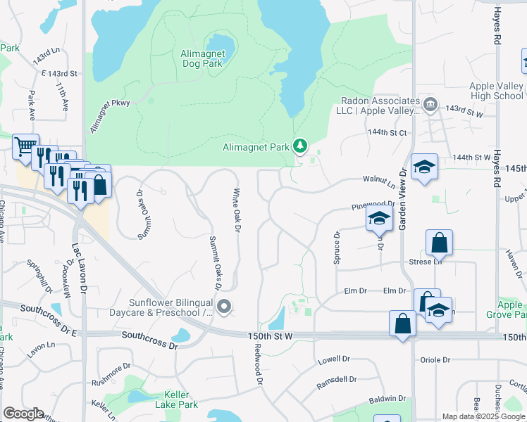 map of restaurants, bars, coffee shops, grocery stores, and more near 356 Walnut Lane in Apple Valley