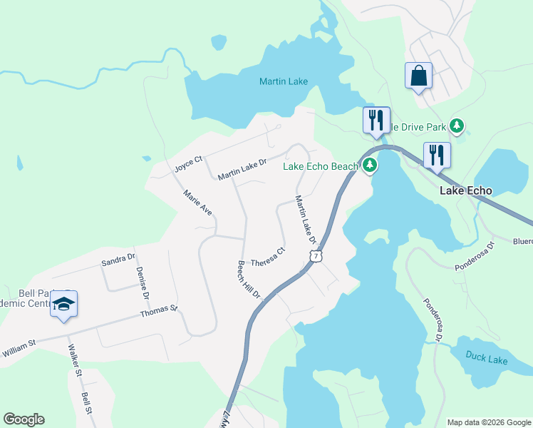 map of restaurants, bars, coffee shops, grocery stores, and more near 86 Theresa Court in Lake Echo