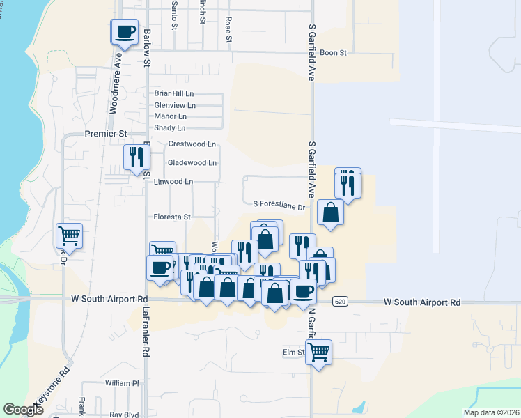 map of restaurants, bars, coffee shops, grocery stores, and more near 935 South Forestlane Drive in Traverse City