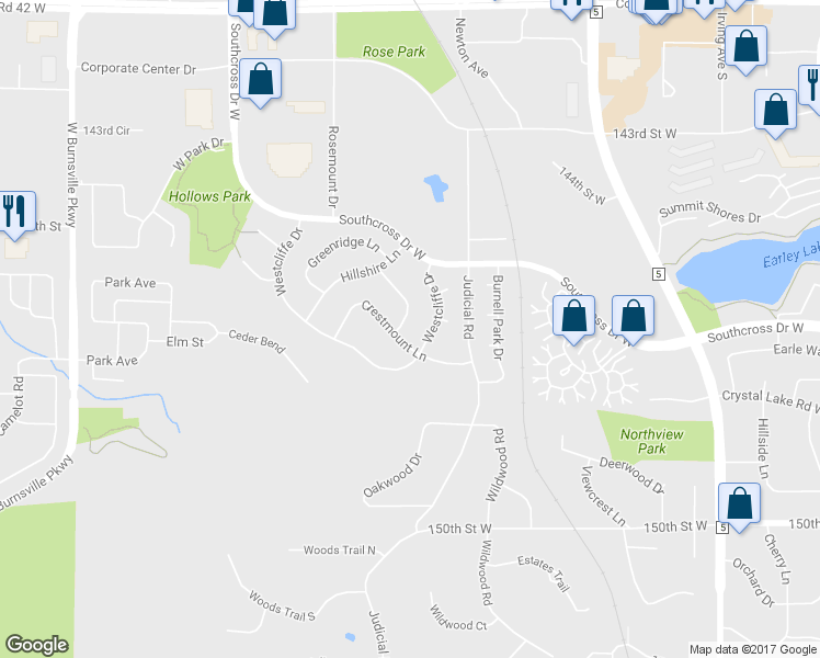 map of restaurants, bars, coffee shops, grocery stores, and more near 14705 Fieldcrest Lane in Burnsville