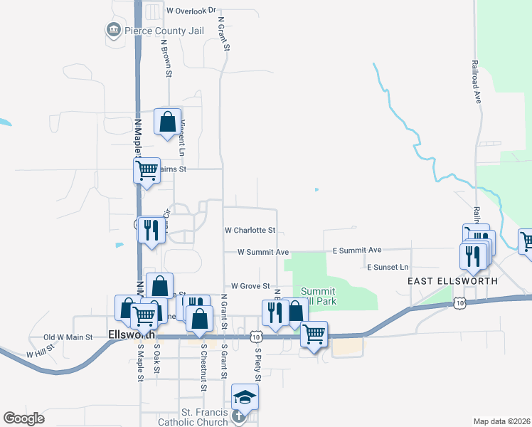 map of restaurants, bars, coffee shops, grocery stores, and more near 191 West Hollywood Street in Ellsworth