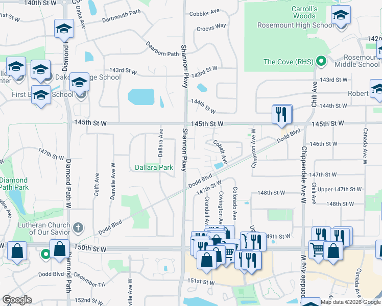 map of restaurants, bars, coffee shops, grocery stores, and more near 14600 Shannon Parkway in Rosemount