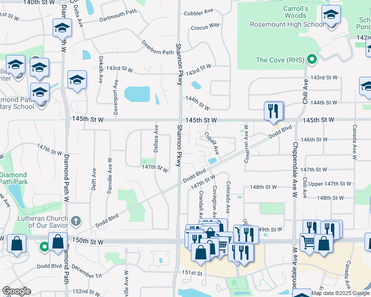 map of restaurants, bars, coffee shops, grocery stores, and more near 14610 Shannon Parkway in Rosemount