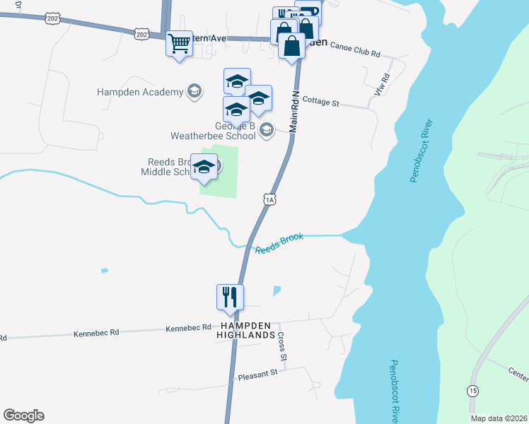 map of restaurants, bars, coffee shops, grocery stores, and more near 28 Main Road South in Hampden