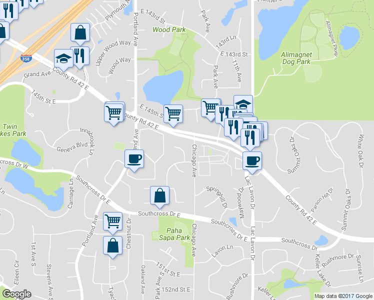 map of restaurants, bars, coffee shops, grocery stores, and more near 14627 Hampshire Place in Burnsville