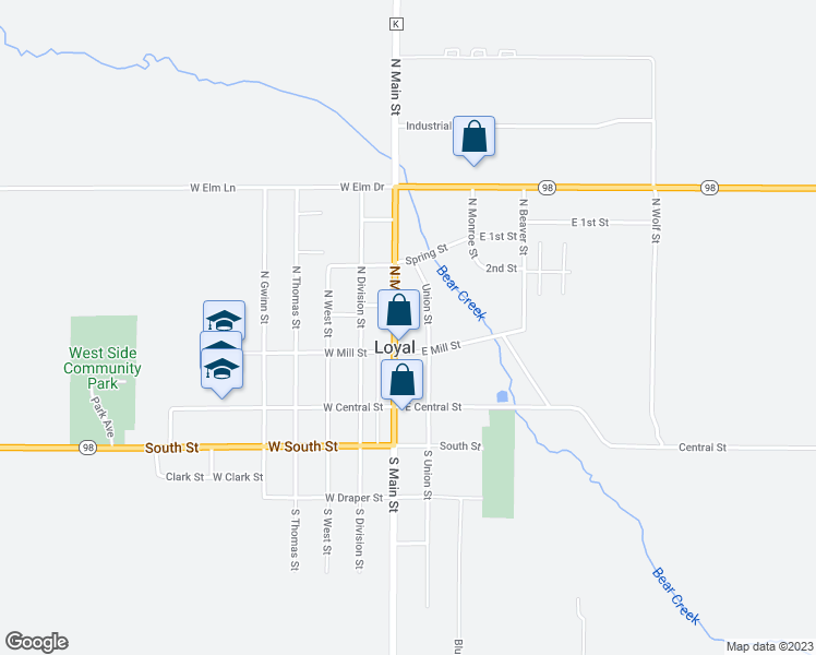 map of restaurants, bars, coffee shops, grocery stores, and more near 222 North Main Street in Loyal