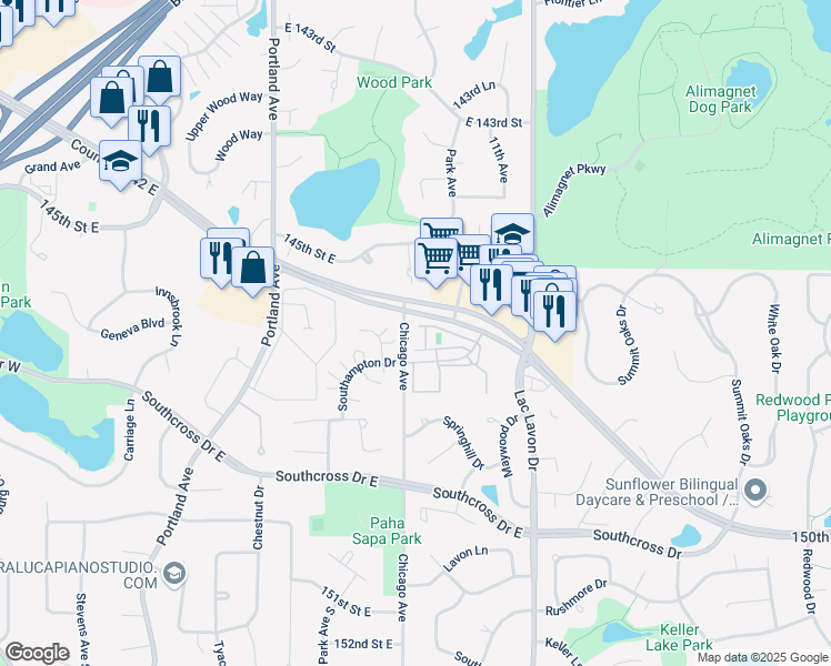 map of restaurants, bars, coffee shops, grocery stores, and more near 14651 Chicago Avenue in Burnsville