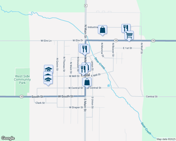 map of restaurants, bars, coffee shops, grocery stores, and more near 222 North Main Street in Loyal