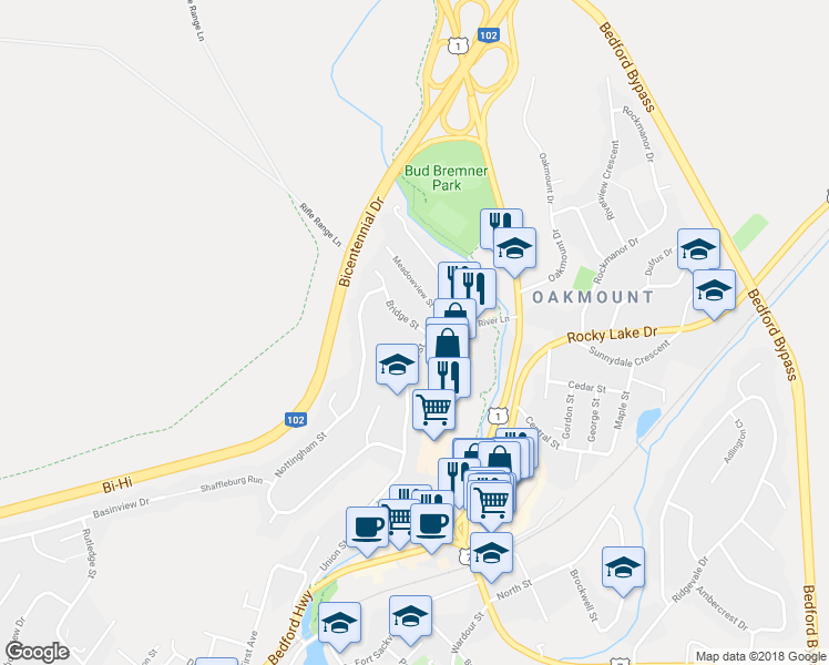 map of restaurants, bars, coffee shops, grocery stores, and more near 4 Bridge Street in Bedford