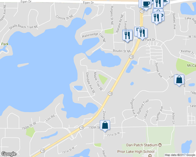 map of restaurants, bars, coffee shops, grocery stores, and more near 14613 Maple Trail Southeast in Prior Lake