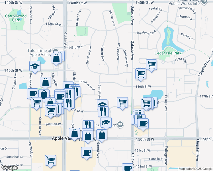 map of restaurants, bars, coffee shops, grocery stores, and more near 7170 146th Street West in Apple Valley