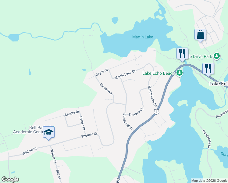 map of restaurants, bars, coffee shops, grocery stores, and more near 62 Marie Avenue in Lake Echo