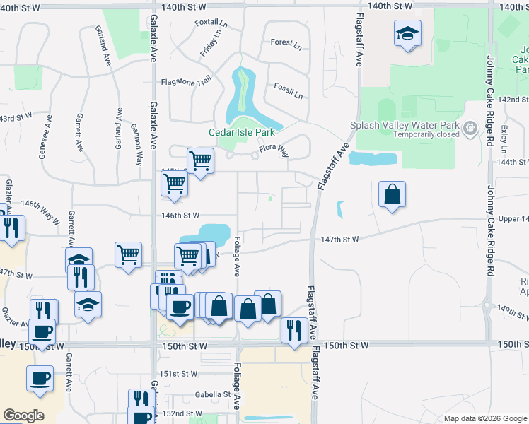 map of restaurants, bars, coffee shops, grocery stores, and more near 14572-14584 Florissant Path in Apple Valley