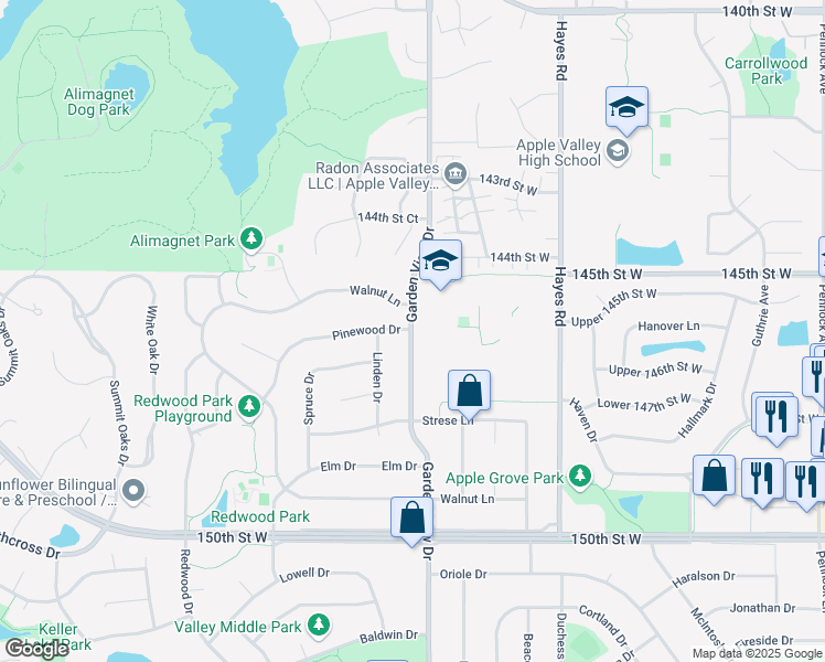 map of restaurants, bars, coffee shops, grocery stores, and more near 225 Garden View Drive in Apple Valley