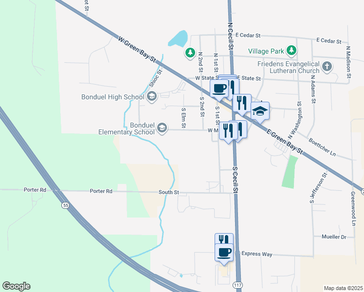 map of restaurants, bars, coffee shops, grocery stores, and more near 400 West Mill Street in Bonduel