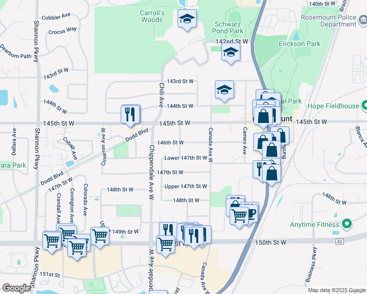 map of restaurants, bars, coffee shops, grocery stores, and more near 3340 146th Street West in Rosemount