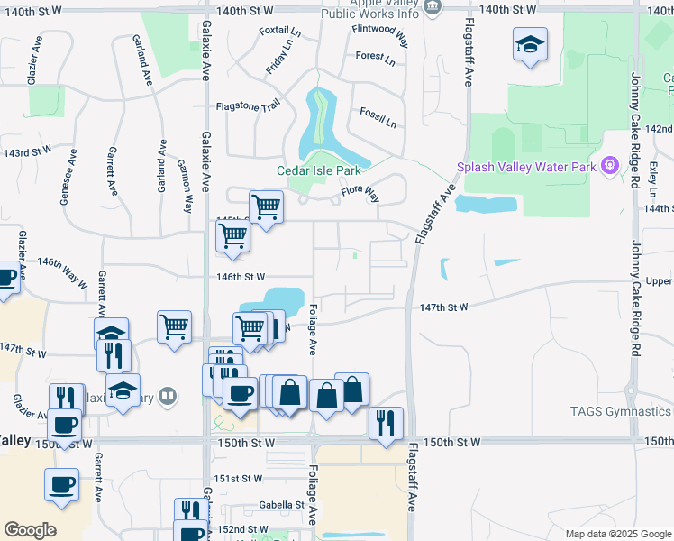 map of restaurants, bars, coffee shops, grocery stores, and more near 14594 Florissant Path in Apple Valley