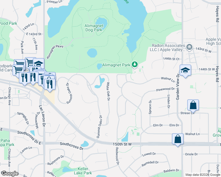 map of restaurants, bars, coffee shops, grocery stores, and more near 14705 White Oak Drive in Burnsville
