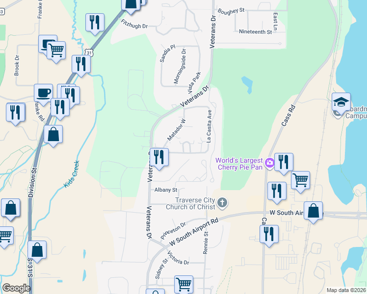 map of restaurants, bars, coffee shops, grocery stores, and more near 3539 La Casita Avenue in Traverse City