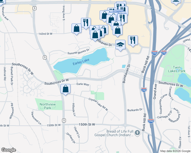 map of restaurants, bars, coffee shops, grocery stores, and more near 1042 Earley Lake Place in Burnsville