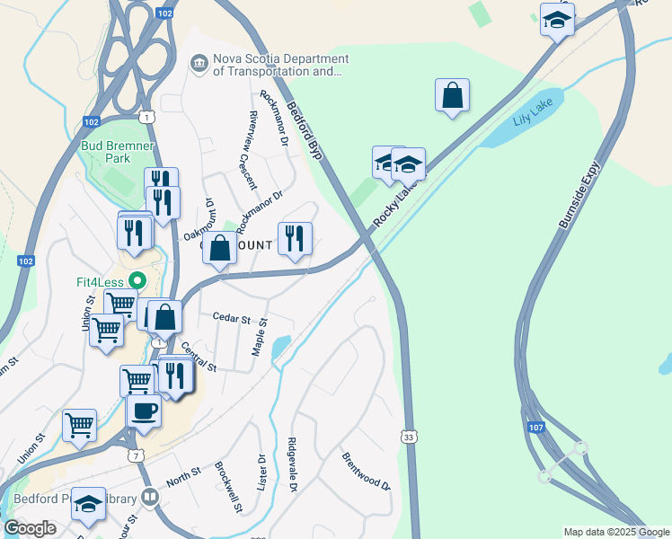 map of restaurants, bars, coffee shops, grocery stores, and more near 299 Rocky Lake Drive in Bedford
