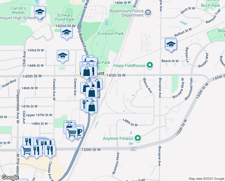 map of restaurants, bars, coffee shops, grocery stores, and more near 2820 145th Street West in Rosemount