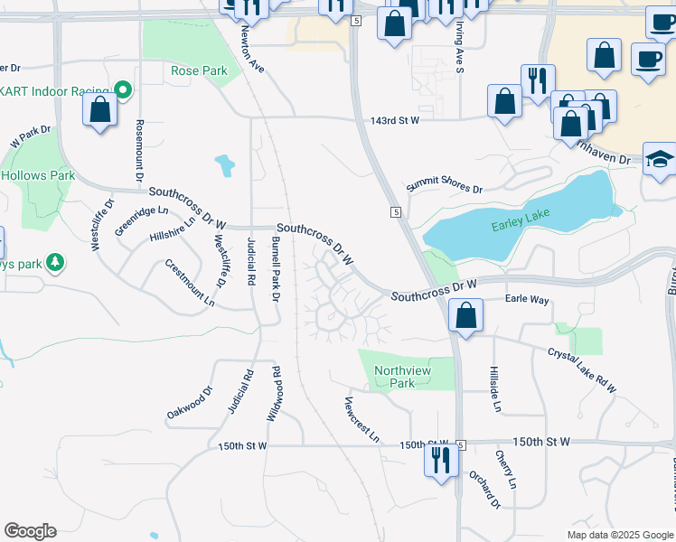 map of restaurants, bars, coffee shops, grocery stores, and more near 1929 Southcross Drive West in Burnsville