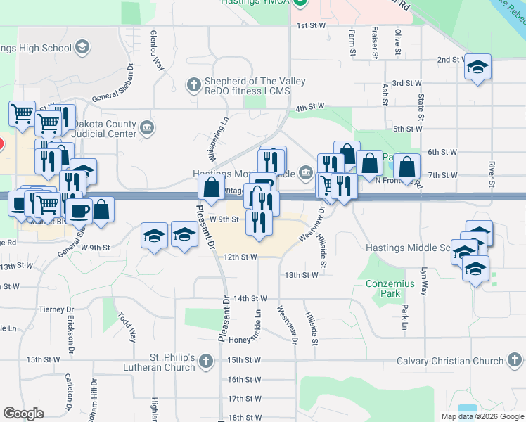 map of restaurants, bars, coffee shops, grocery stores, and more near 1340 South Frontage Road in Hastings