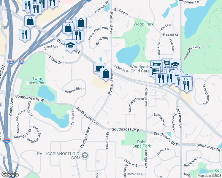 map of restaurants, bars, coffee shops, grocery stores, and more near 14601 Portland Ave S in Burnsville