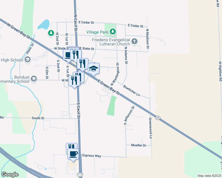 map of restaurants, bars, coffee shops, grocery stores, and more near 407 E Green Bay St in Bonduel