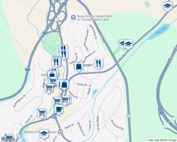 map of restaurants, bars, coffee shops, grocery stores, and more near 9 Duffus Drive in Bedford