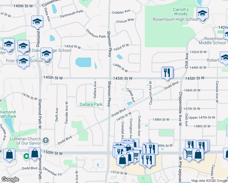 map of restaurants, bars, coffee shops, grocery stores, and more near 14560 Shannon Parkway in Rosemount
