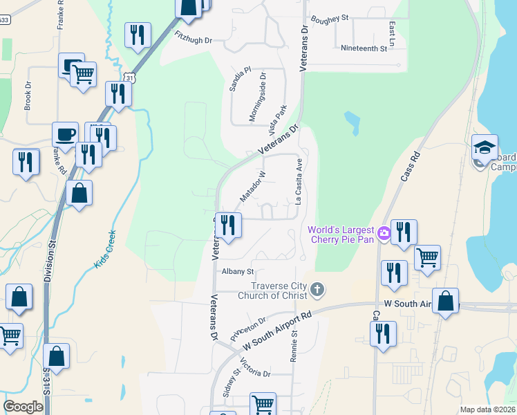 map of restaurants, bars, coffee shops, grocery stores, and more near 3539 La Casita Avenue in Traverse City