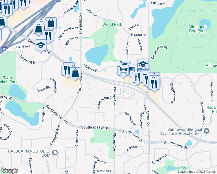map of restaurants, bars, coffee shops, grocery stores, and more near 14627 Hampshire Place in Burnsville