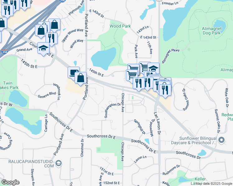 map of restaurants, bars, coffee shops, grocery stores, and more near 14627 Hampshire Place in Burnsville