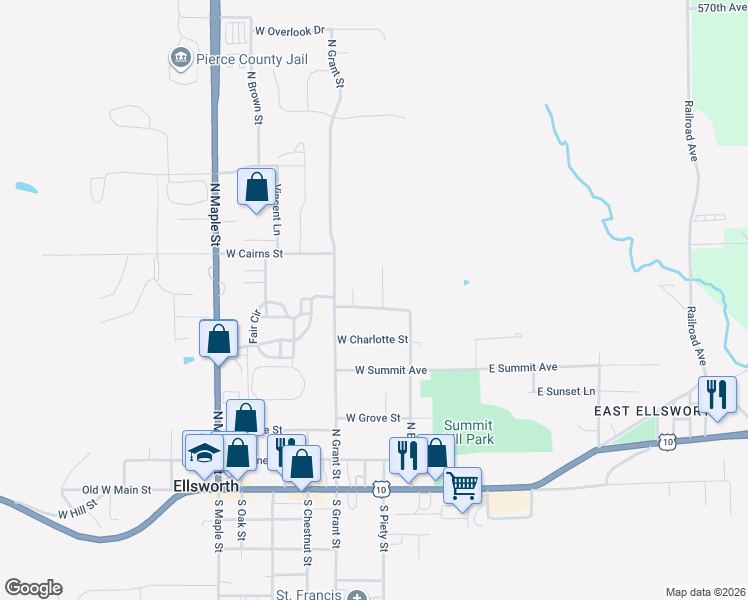 map of restaurants, bars, coffee shops, grocery stores, and more near 191 West Hollywood Street in Ellsworth