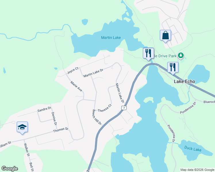 map of restaurants, bars, coffee shops, grocery stores, and more near 96 Theresa Court in Lake Echo