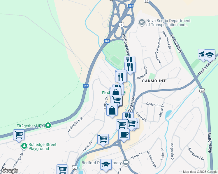 map of restaurants, bars, coffee shops, grocery stores, and more near 3 Bridge Street in Bedford