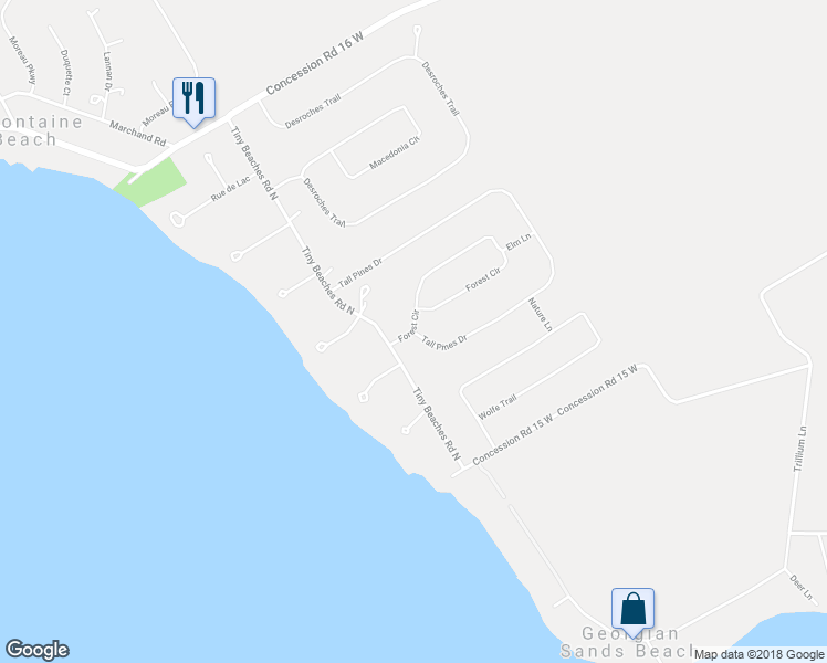 map of restaurants, bars, coffee shops, grocery stores, and more near Tall Pines Drive in Simcoe County