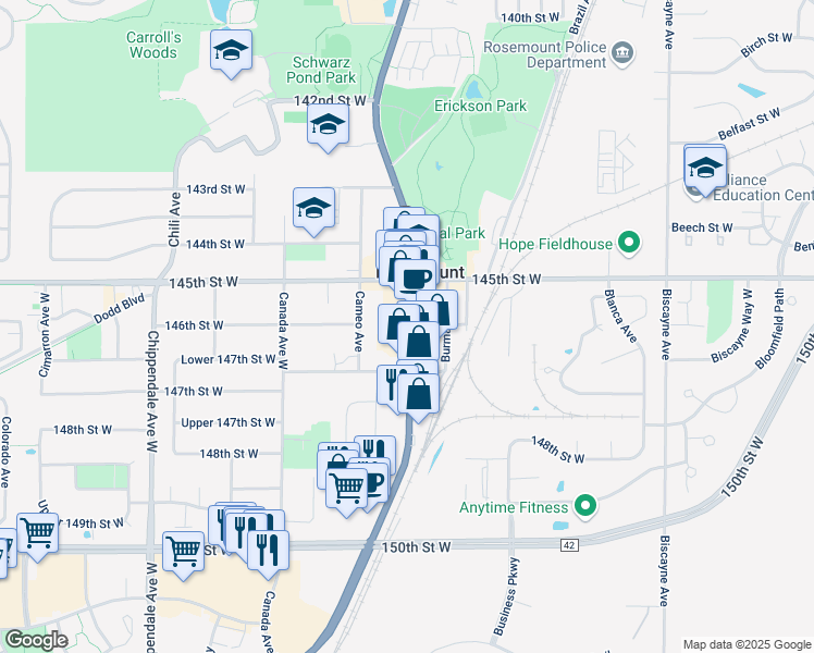 map of restaurants, bars, coffee shops, grocery stores, and more near 2930 146th Street West in Rosemount